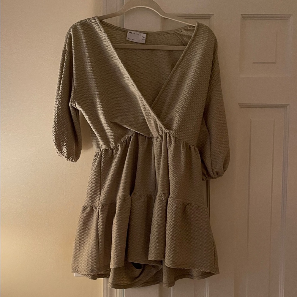 Olive Green Textured V-Neck Dress